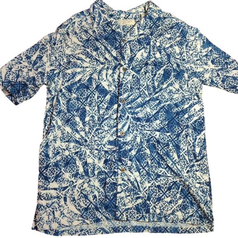 Island Republic Blue White Geometric Pattern Short Sleeve Button Up Silk Shirt